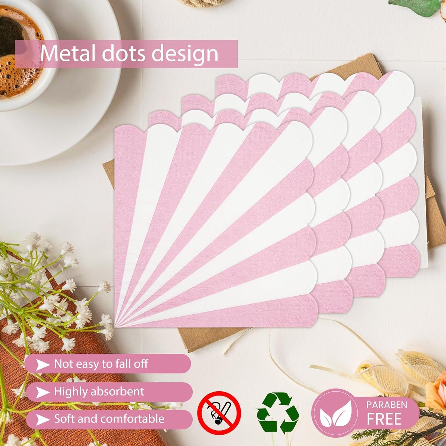 72PCS Pink Paper Plates and Napkins Party Supplies, Gold Foil Edge Scalloped Striped Plates Napkins Disposable Tableware Set for Birthday Wedding Baby Shower Party Decoration (Pink)