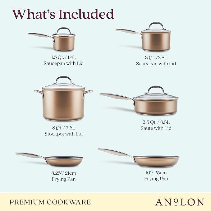 Anolon Ascend Hard Anodized Nonstick Cookware/Pots and Pans Set - Good for All Stovetops (Gas, Glass Top, Electric & Induction), Dishwasher & Oven Safe with Stainless Steel Handles, 10 Piece - Bronze