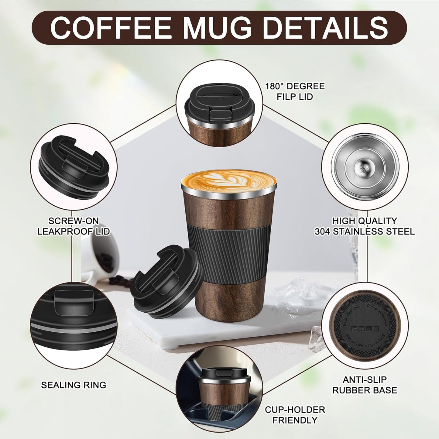 Coffee Travel Mug 12oz Insulated Coffee Mug with Lid Portable Spill-Proof Coffee Travel Mug No Handle Reusable Stainless Steel Mug Keeps Cold and Hot Suitable for Car, Daily, Travel and Gifts