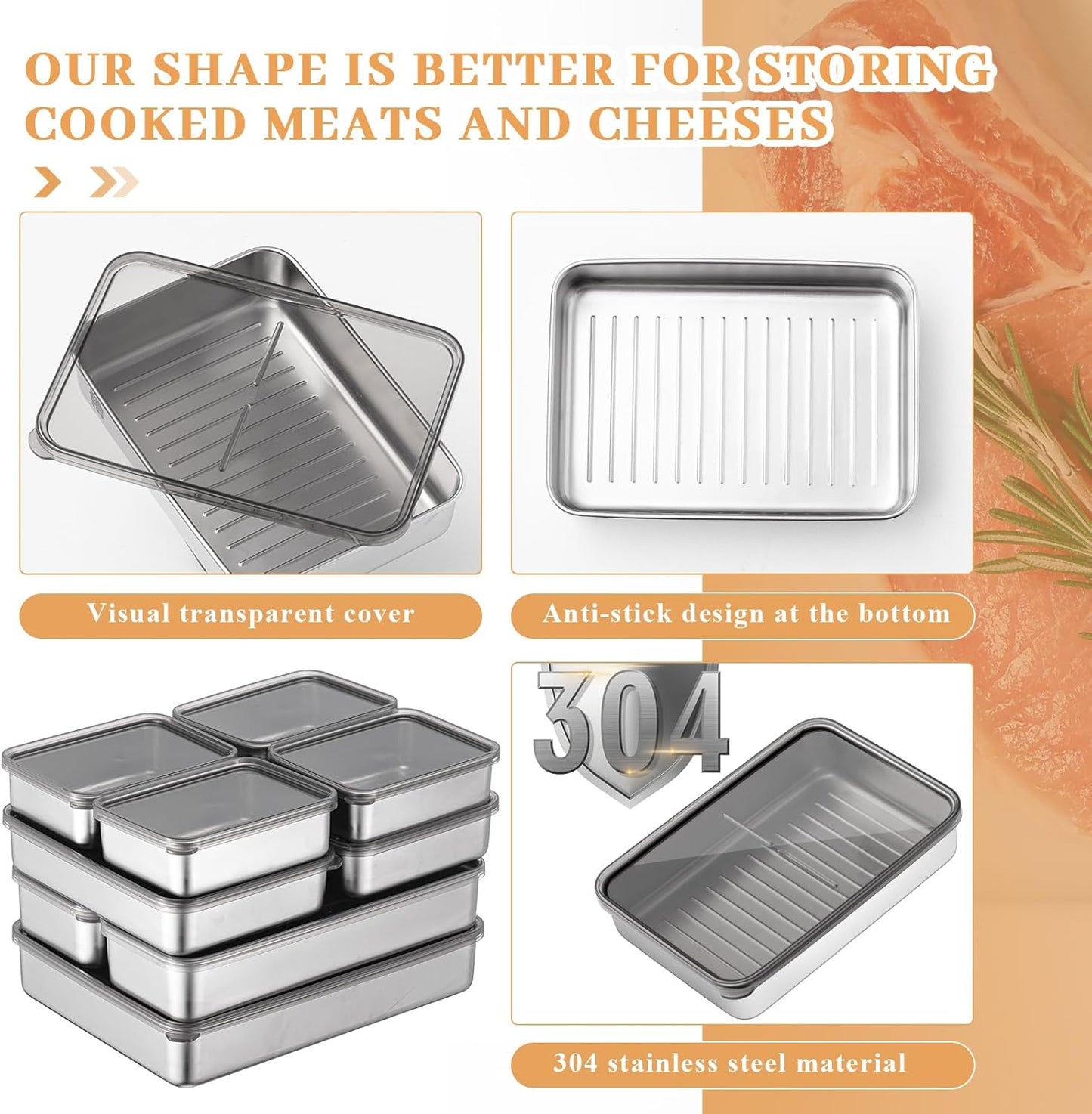 Hushee 9 Pack Bacon Cheese Container for Refrigerator, 304 Stainless Steel Airtight Deli Meat Container, Dishwasher Safe Fridge Storage Fruit Lunch Storage with Lids for Fridge, 4 Sizes