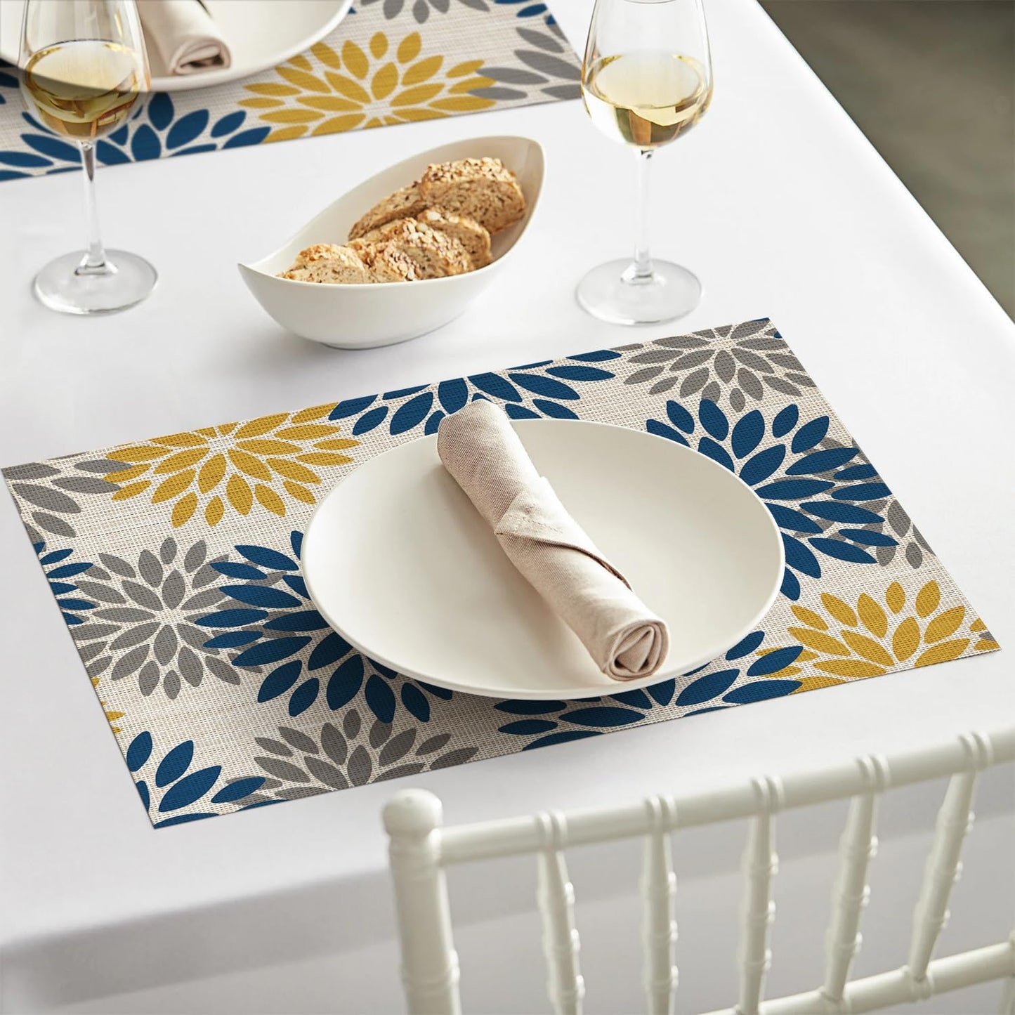 Artoid Mode Floral Vinyl Placemats Set of 6, Heat Resistant Washable Non-Slip Plistic PVC Place Mats for Party Kitchen Dining Decor, Blue Yellow