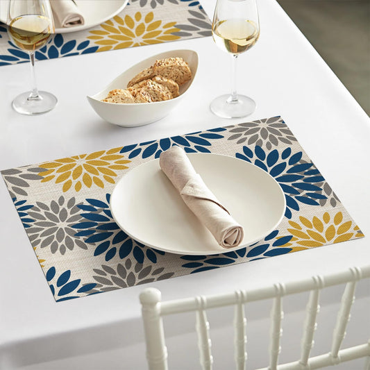 Artoid Mode Floral Vinyl Placemats Set of 6, Heat Resistant Washable Non-Slip Plistic PVC Place Mats for Party Kitchen Dining Decor, Blue Yellow