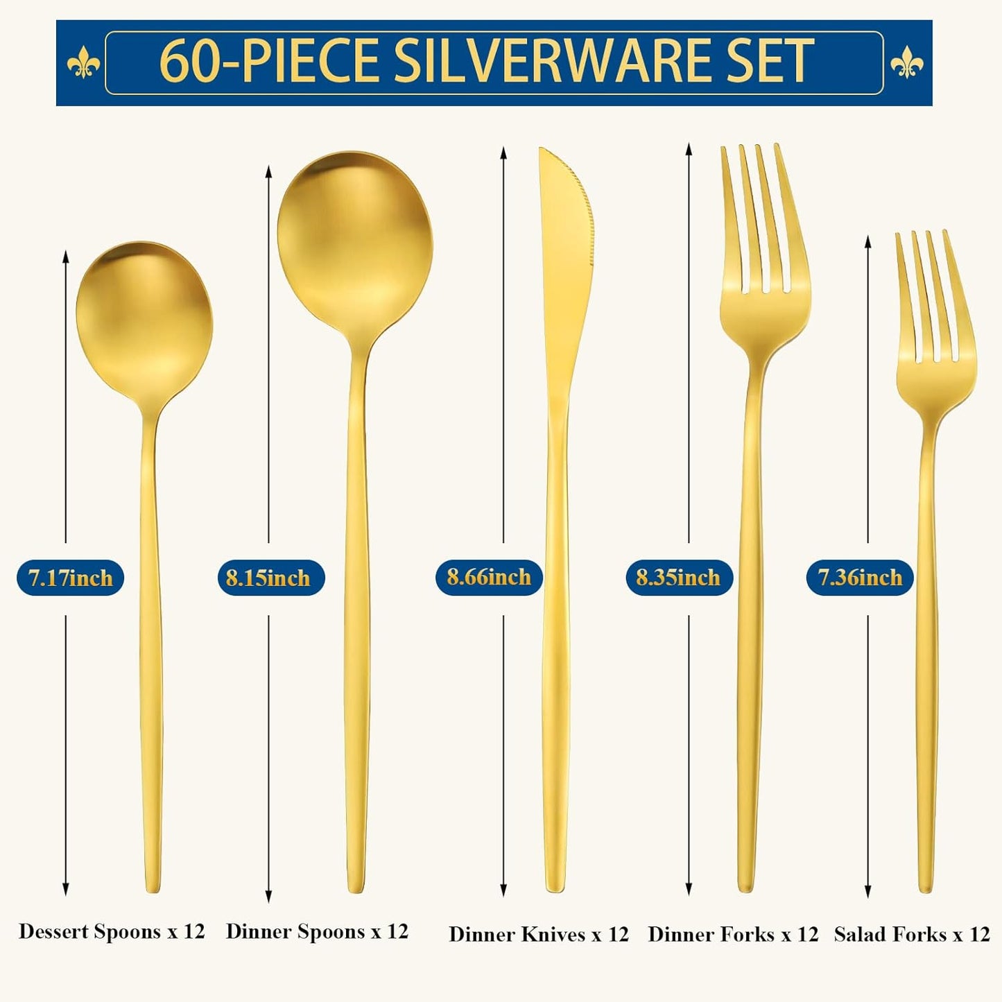 Gold Silverware Set for 12, Stainless Steel Flatware Set, 60-Pieces Cutlery Tableware set Include Spoons And Forks Set, Matte Gold Utensil Set, Stain Finish, Dishwasher Safe