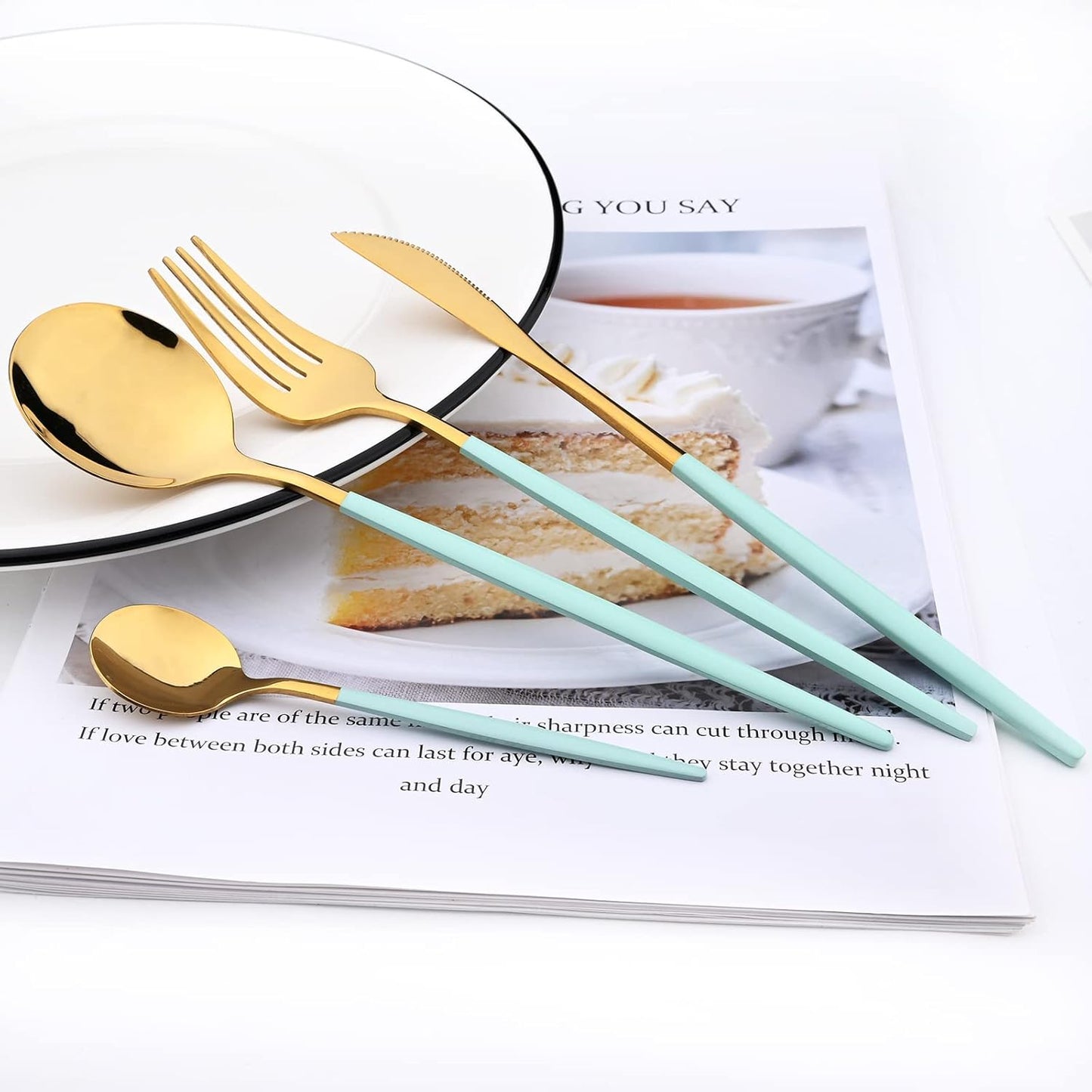 Mirror Cutlery Serving Set, 24-piece 18/0 Stainless Steel Silverware With Mint Green Handle Simple & Modern Tableware For Home Party Dinner, Service For 6 (Mint Green Gold)