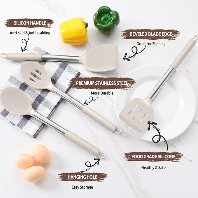 E-far Cooking Utensils Set of 4, Silicone Kitchen Utensils for Non-stick Cookware, Heat Resistant & Non-toxic Slotted Spatula Solid Spoon Turner for Flipping Mixing Serving Basting(Khaki)