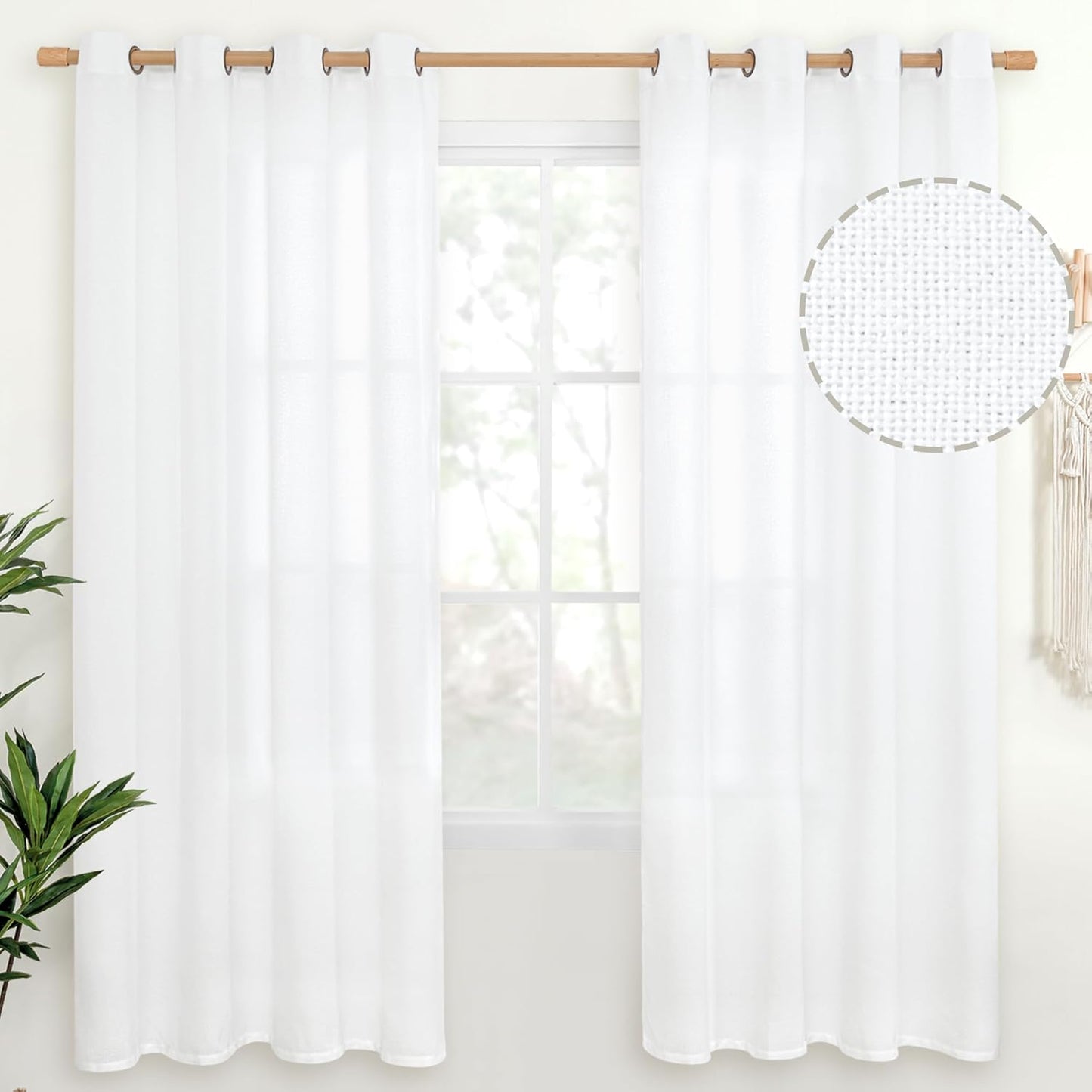 YoungsTex White Linen Semi Sheer Curtains for Living Room 52 X 72 Inch, Bronze Grommet Textured Window Drapes Light Filtering for Dining Room Bedroom, 2 Panels