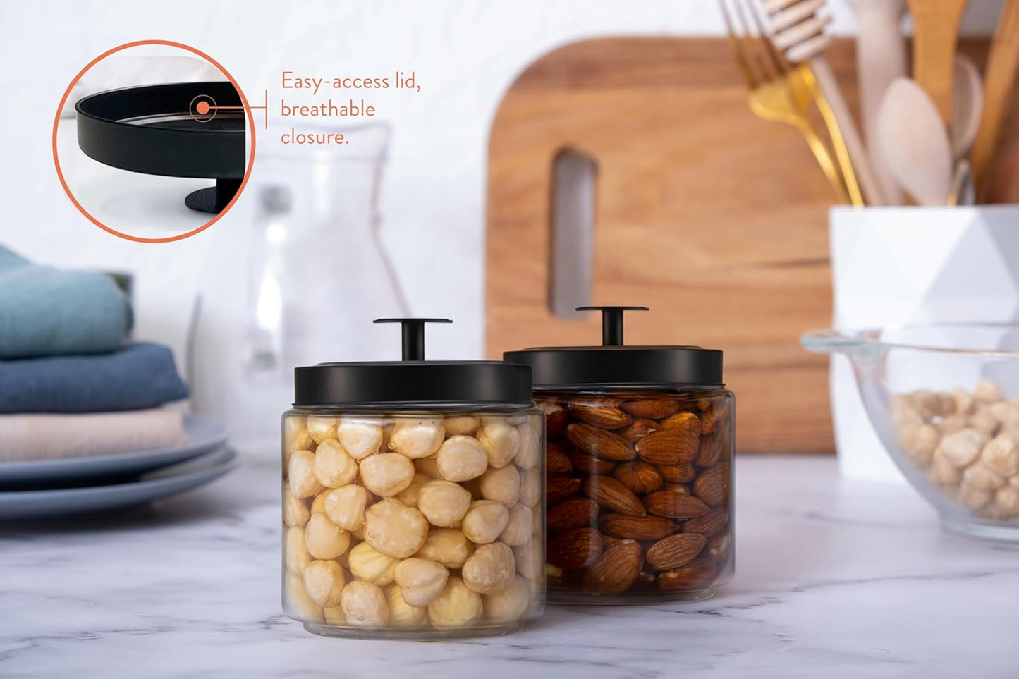 KooK Glass Kitchen Canister Set, Food & Storage Containers for Pantry, Bathroom Apothecary Jars, Tinplate tight Lids, Counter Organizers, 50 oz, Black, Set of 2