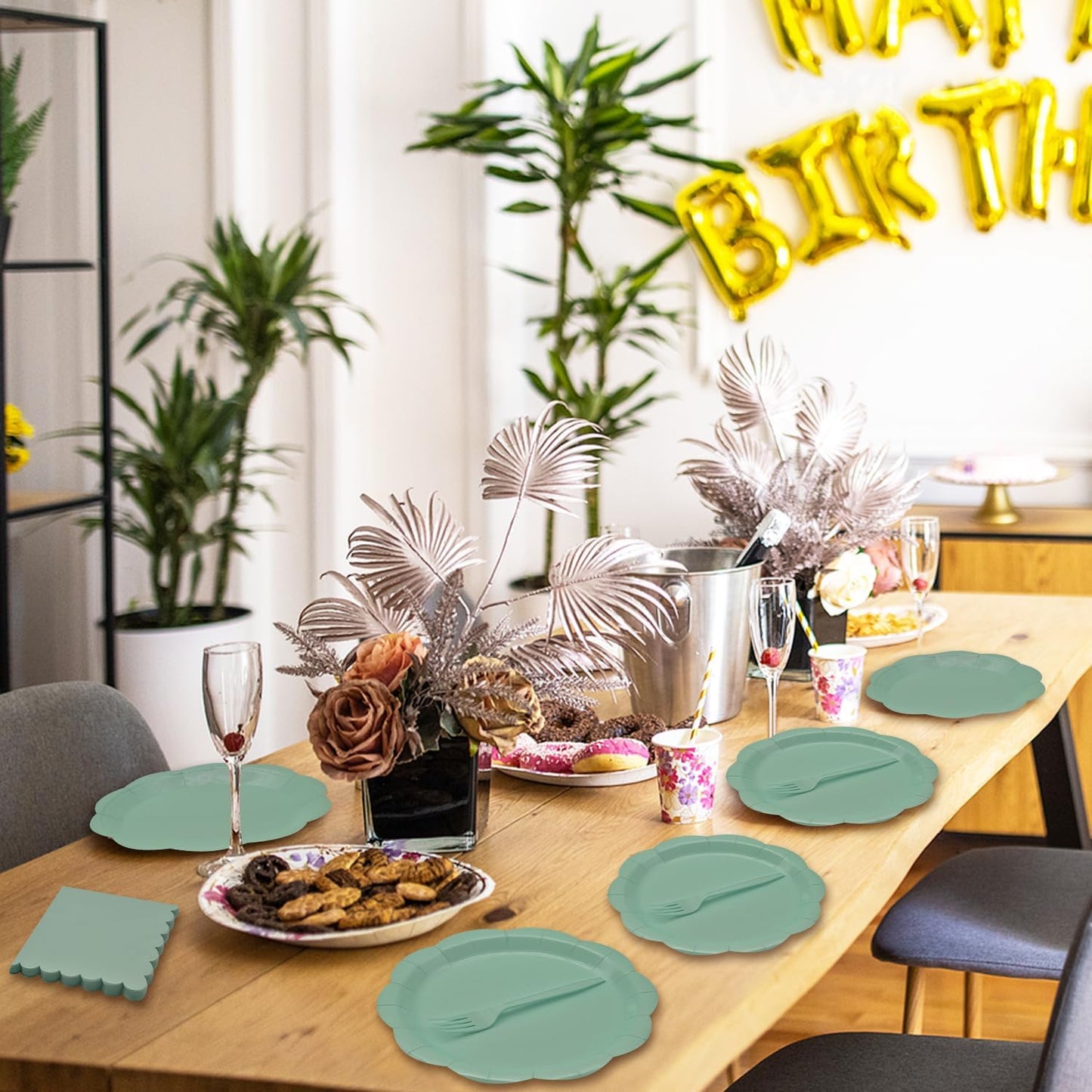 96 Pieces Sage Green Scalloped Tableware Set Party Supplies – Solid Color Disposable Dinnerware with Paper Plates, Napkins, and Forks for Birthday Parties, Garden Events, Baby Showers – Serves 24