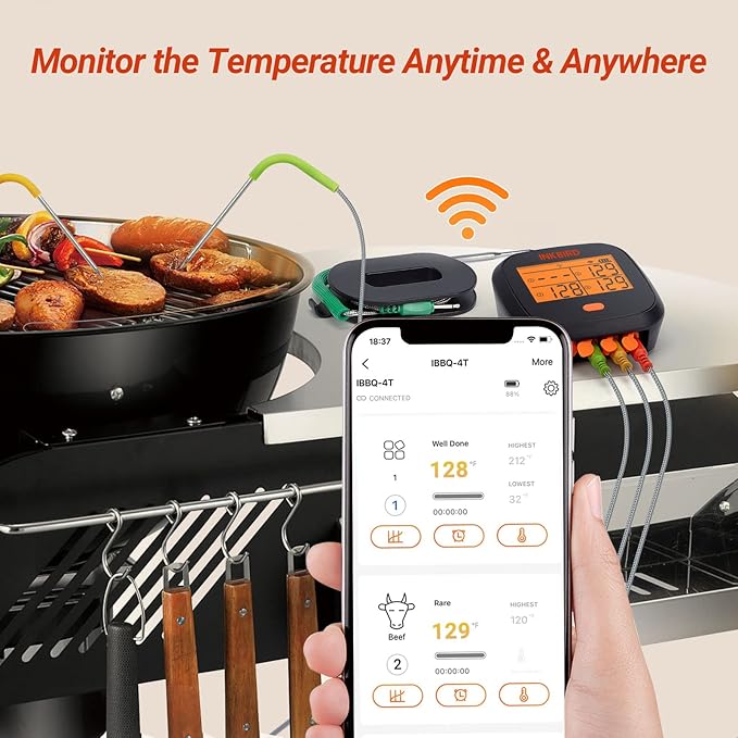 INKBIRD WiFi Meat Thermometer for Grilling, Unlimited Rang Rechargeable BBQ Thermometer APP Calibration, Temp Graph Mobile Notification, 4 Colorful Probes Food Thermometer for Pellet Smoker Oven