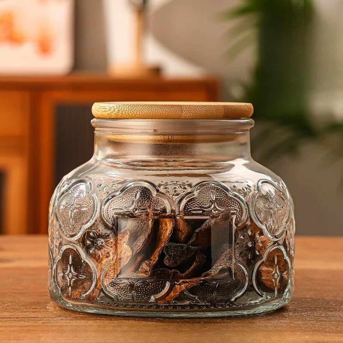 Vintage Glass Decorative Jar, 25.4 FL OZ Glass Food Storage Containers, Sugar Bowl, Kitchen Airtight Glass Jar for Candy Snack Cookies Coffee Tea Nuts (begonia), transparent