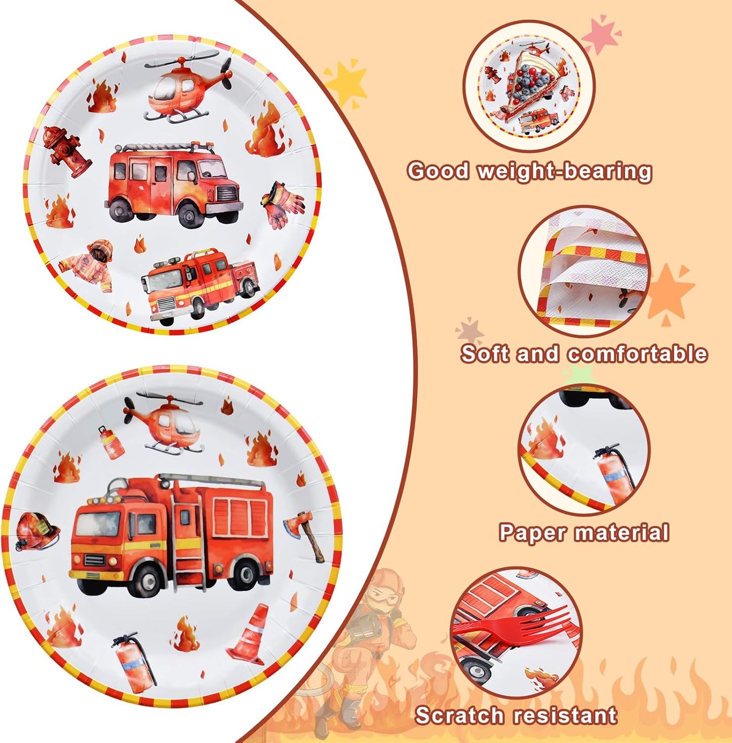 96 Pcs Firetruck Tableware Set – Disposable Firefighter Theme Dinnerware with Paper Plates, Napkins, and Red Forks for Kids Boys Birthday Party Decorations – Serves 24