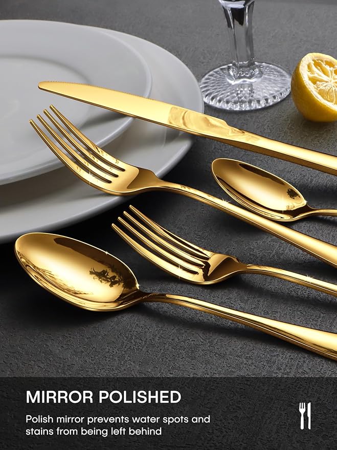 Gold Silverware Set for 8, 40 Piece Food-Grade Stainless Steel Flatware Set, Rust-proof Mirror Polished Cutlery Utensil Set Include Knives Forks Spoons for Kitchen Restaurant,Dishwasher Safe