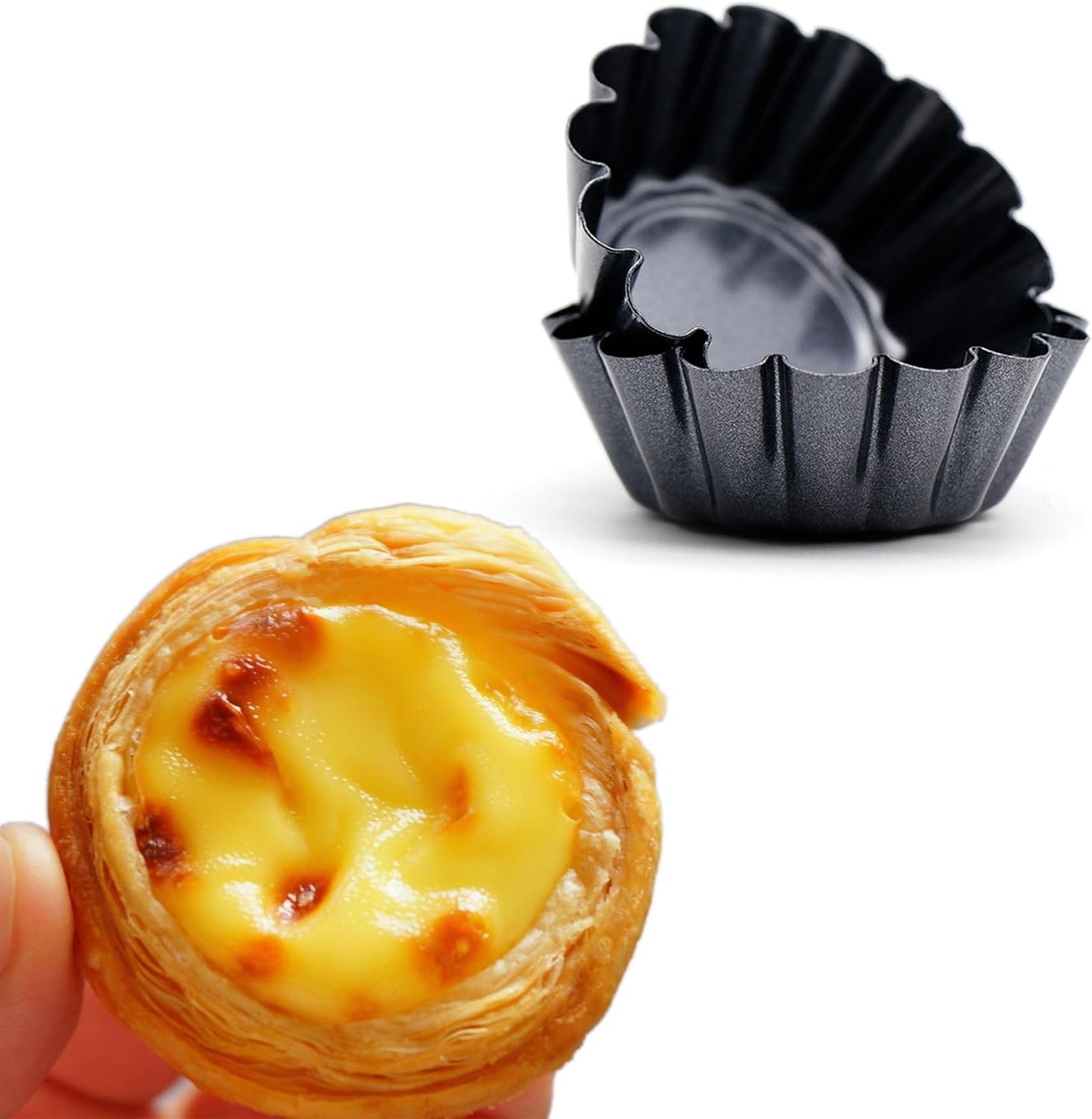 12 Packs Egg Tart Pan, Non-Stick Carbon Steel Molds, Reusable Mini Pie Mould Muffin Cupcake Pudding Baking Cup for Pies, Cakes, Quiche Bakeware - 2.6 x 0.9 Inch