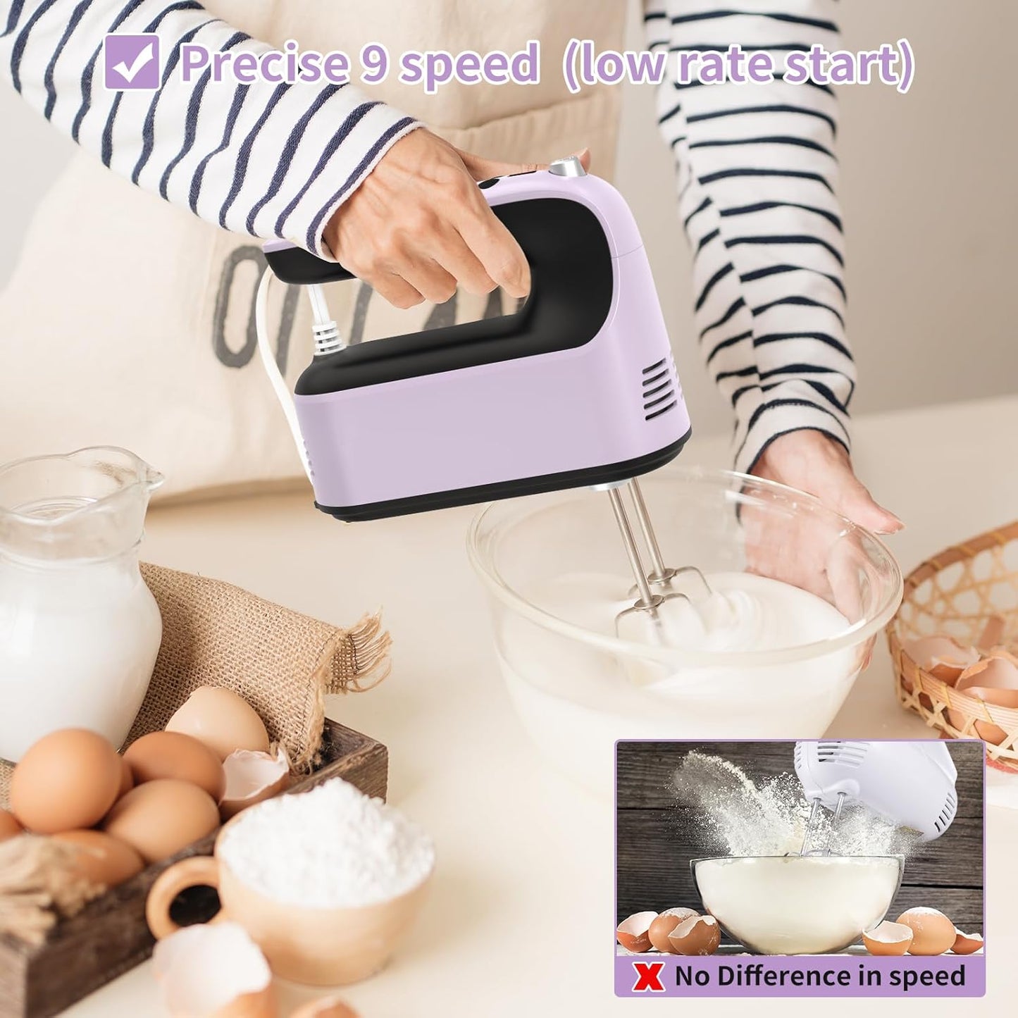 9-Speed Digital Hand Mixer Electric, 400W Powerful DC Motor, Baking Mixer Handheld with Snap-On Storage Case, 5 Stainless Steel Accessories, Flat Beaters, Dough Hooks, Whisk (Purple&Black)