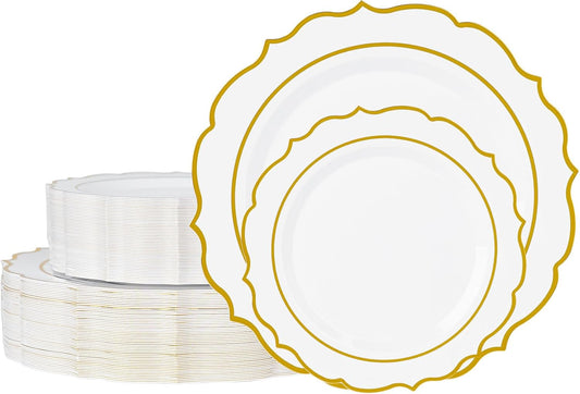 120PCS White Plastic Plates, Disposable Party Plates with Gold Rim, Heavy Duty 60 Dinner and 60 Dessert Fancy Plate for Party and Wedding