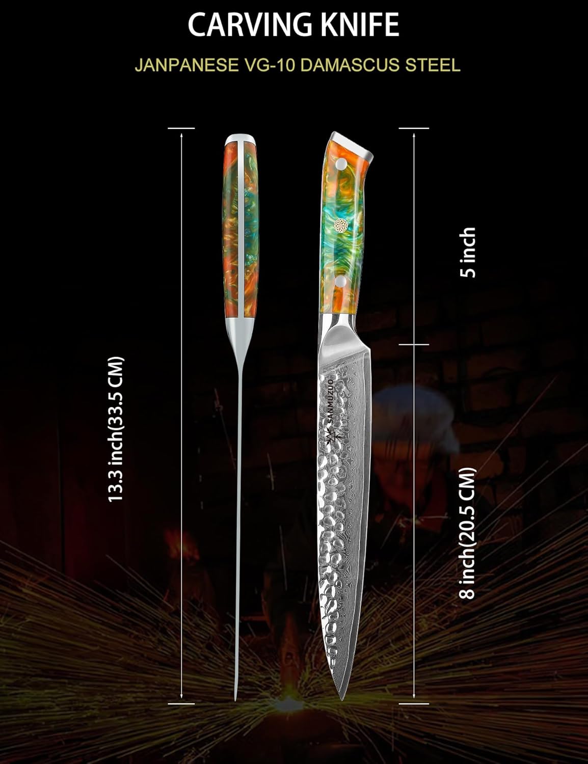 8 Inch Carving Knife, Meat Slicing Knife - Hammered Damascus Steel & Resin Handle - Yao Series