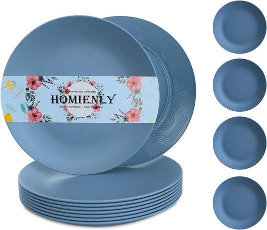 Homienly Flat Dinner Plates Set of 8 Alternative for Plastic Plates Microwave and Dishwasher Safe Wheat Straw Plates for Kitchen Unbreakable Kids Plates (Blue, 9 inch), MS 01