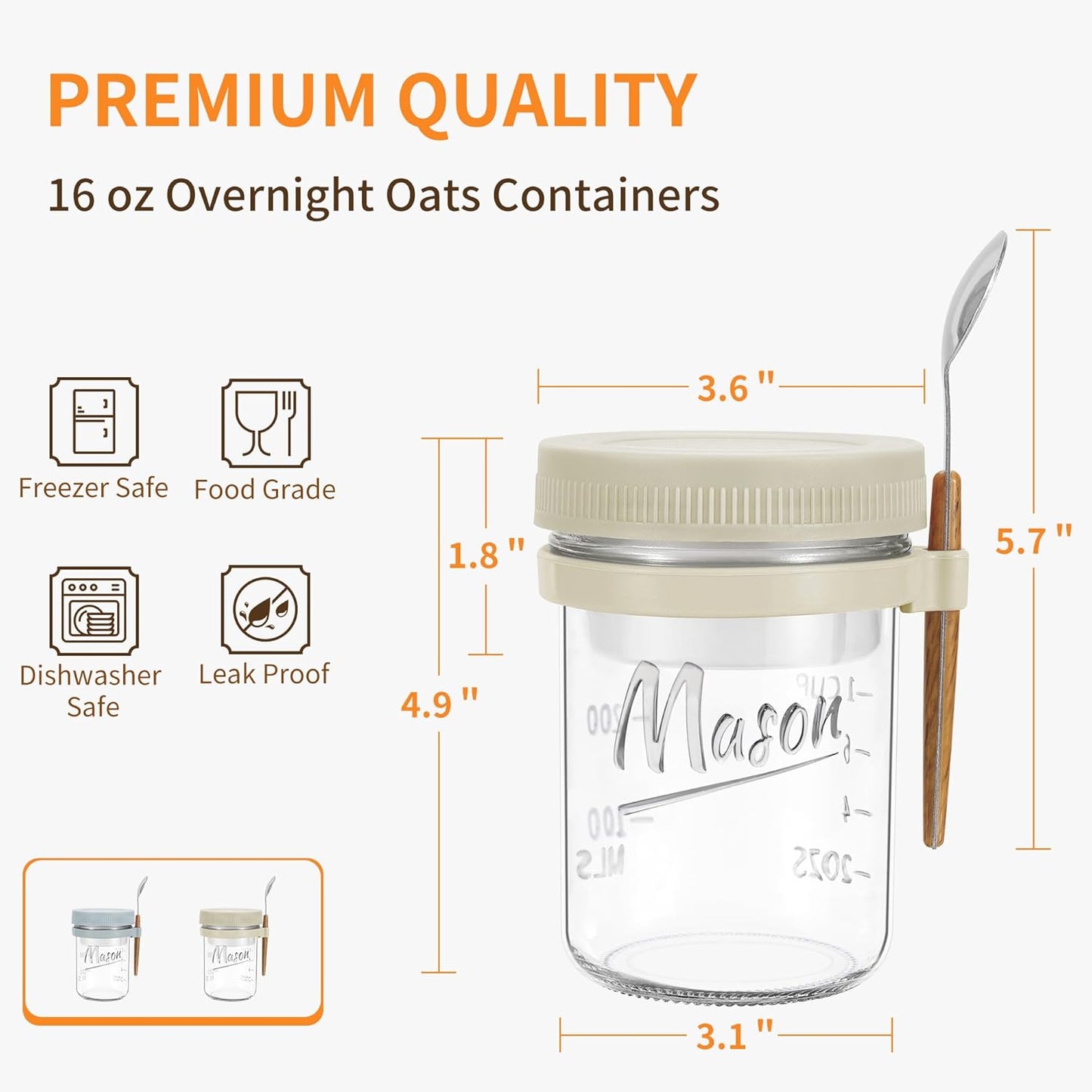 2 Pack Overnight Oats Containers with Lids and Spoons, 16 oz Mason Jars with Removable Separate Compartments, Airtight and Leak-Proof Glass Jars for Chia Pudding, Yogurt, and Oatmeal