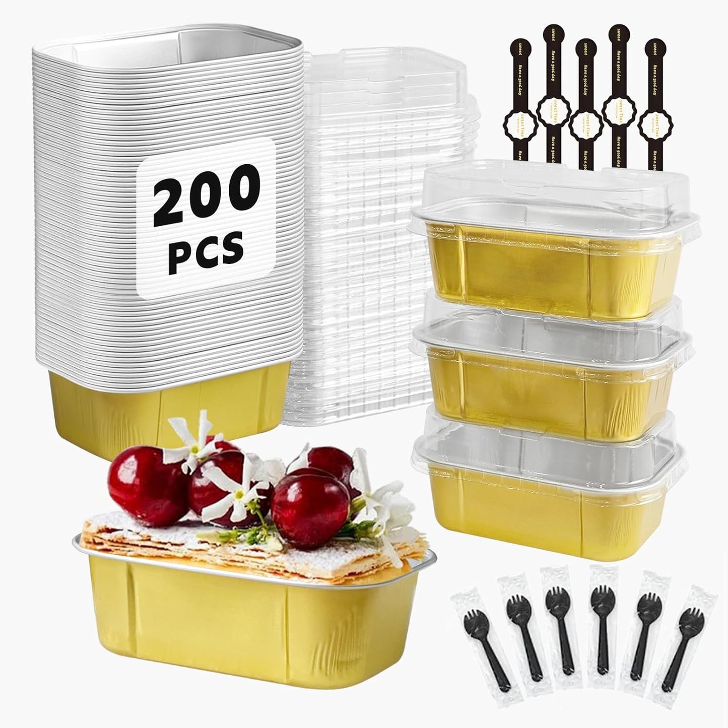 Mini Cake Pans With Lids And Spoons,5.5 oz Rectangle Mini individual Loaf Pans Disposable Aluminum Foil Small Baking Cups Tins (200, Gold)