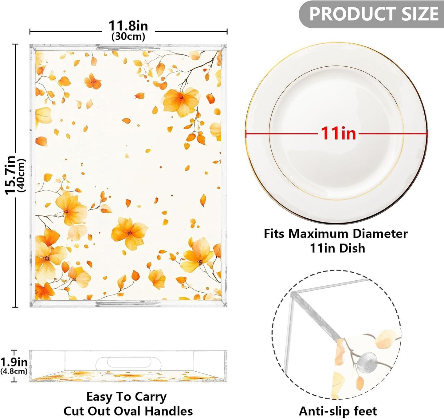 Acrylic Serving Tray with Handles Spill Proof Kitchen Storage Tray Clear Decorative Tray Makeup Drawer Organizer Storage Tray for Bathroom Living Room Ottoman 15.7x11.8Inches