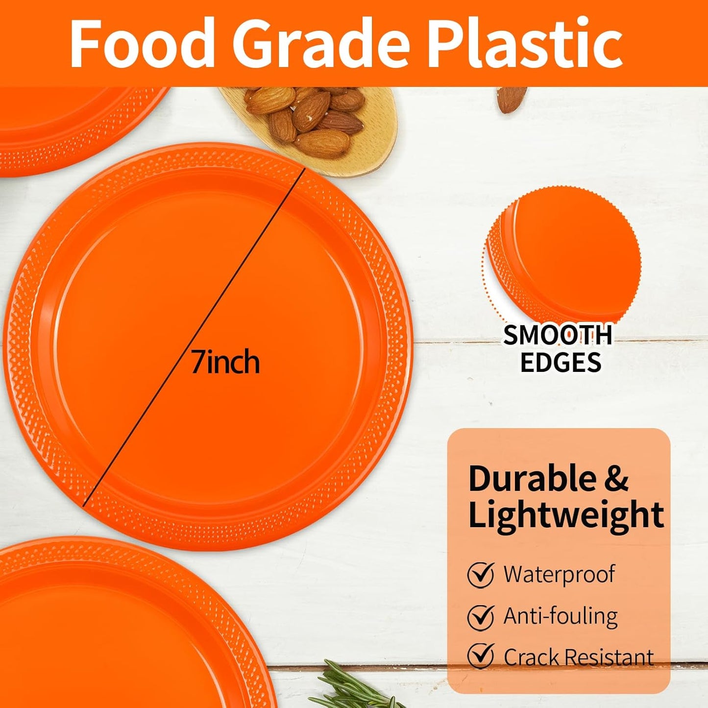 100 pcs Orange Plastic Plates Disposable 7inch Fall Party Dessert Dinner Plates Heavy Duty for Autumn Party,Halloween,Christmas,Thanksgiving day,Wedding, Valentines