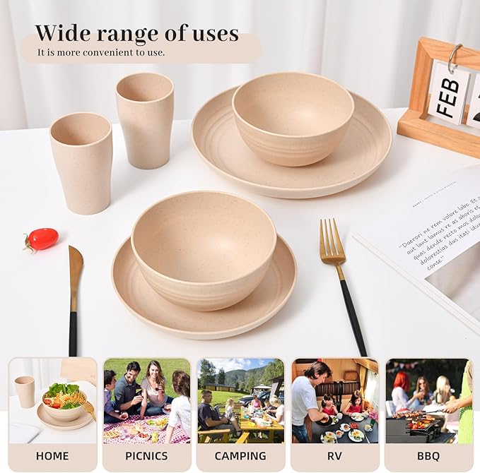 24 - Piece Wheat Straw Dinnerware Set - Plates and Bowls for 6, Unbreakable, Dishwasher & Microwave Safe, Reusable, Lightweight Tableware, Ideal for Camping and Everyday Use (Beige)