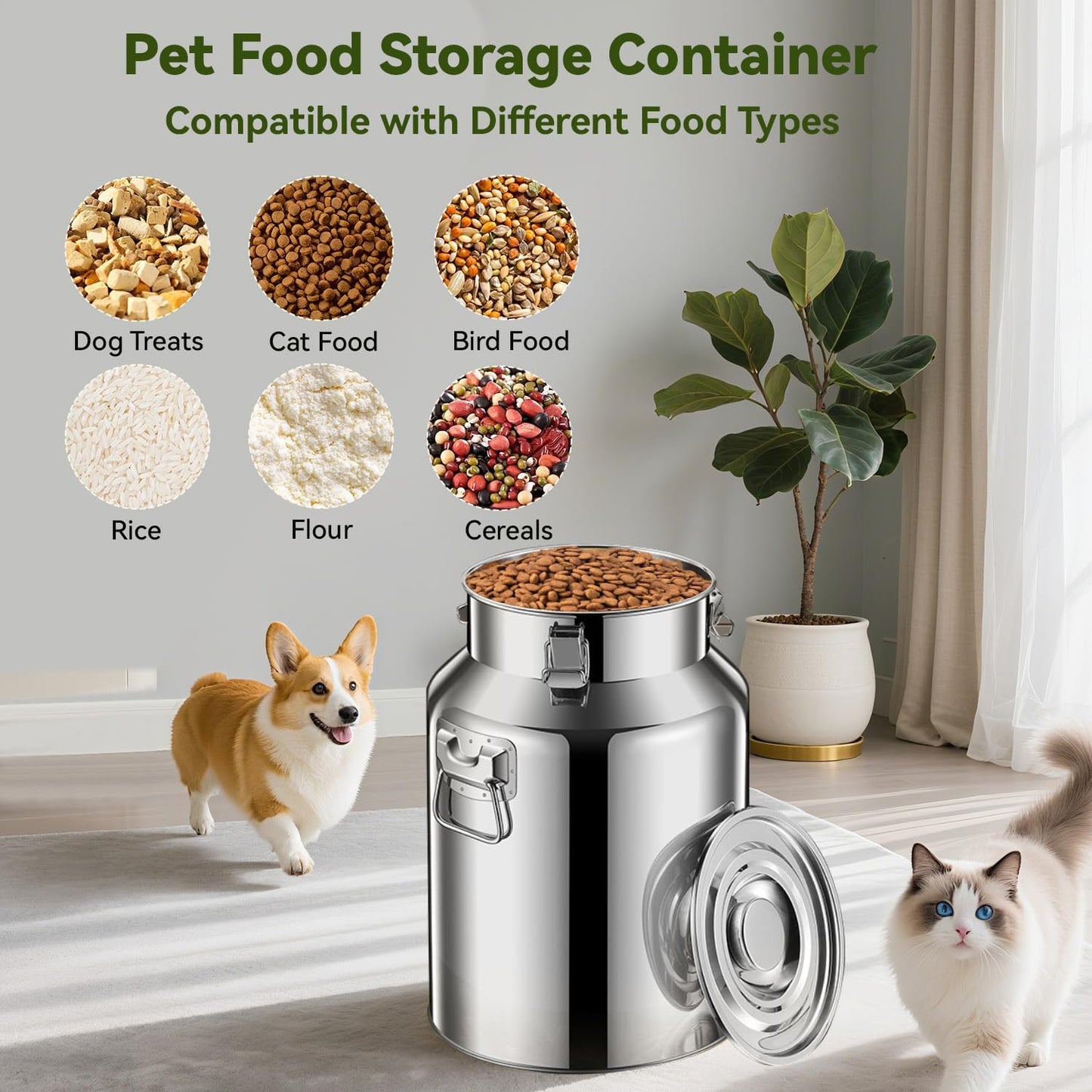 13lb Stainless Steel Dog Food Storage Container, Metal Pet Storage Container with Airtight Hangable Lid to Keep Food Fresh, Large Cat Food Storage Container with Scoop to Easily Clean