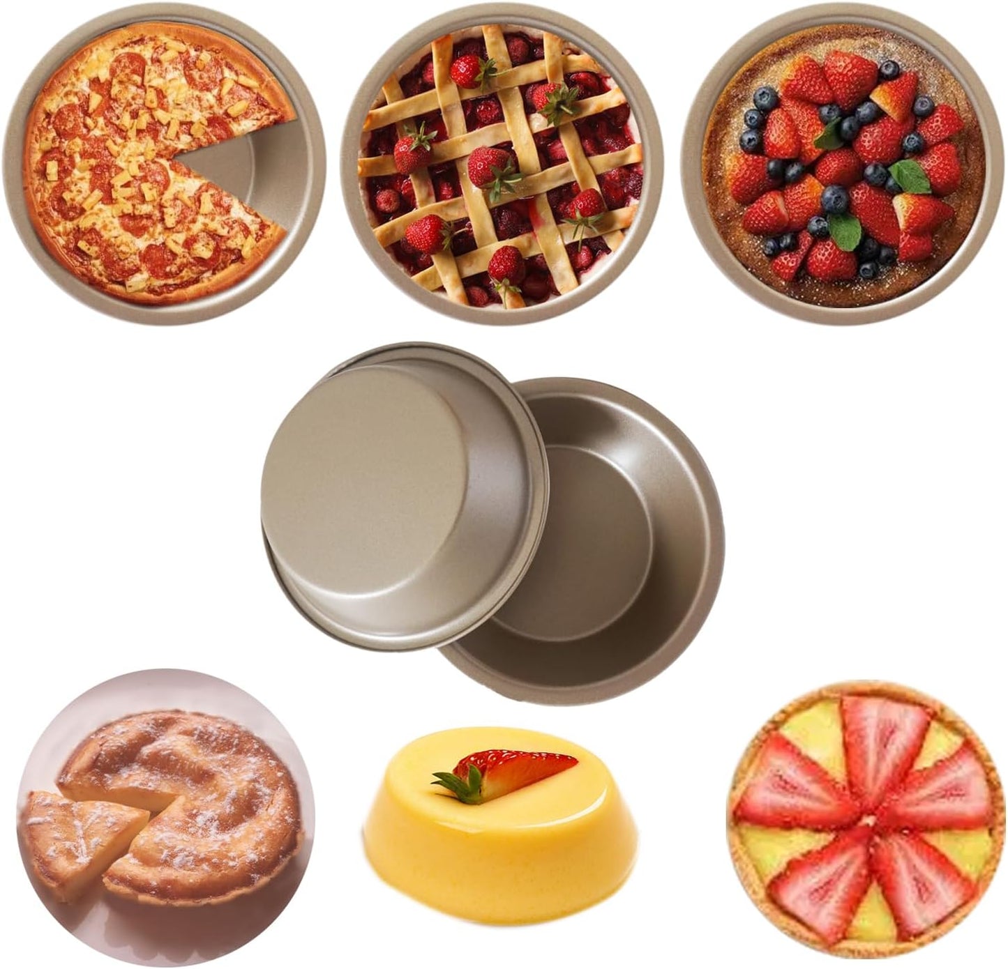 5 Inch Mini Pie Pans, Round Pie Tart Small Tin, Reusable Nonstick Carbon Steel Pie Pan Plate Set for Oven, Tiny Pie Tin for Pot Pies, Bread, Cakes, Quiches - 8PCS, Gold