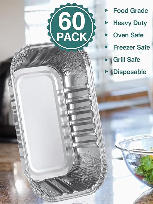 60 Pack 6x3.5x2 Disposable Aluminum Loaf Pans with Lids Small-Aluminum-Foil-Pans-Tin-Foil-Baking-Pans-Tin-Trays-Food-Containers-for-Baking-Cakes-Bread-Meat-Loaves