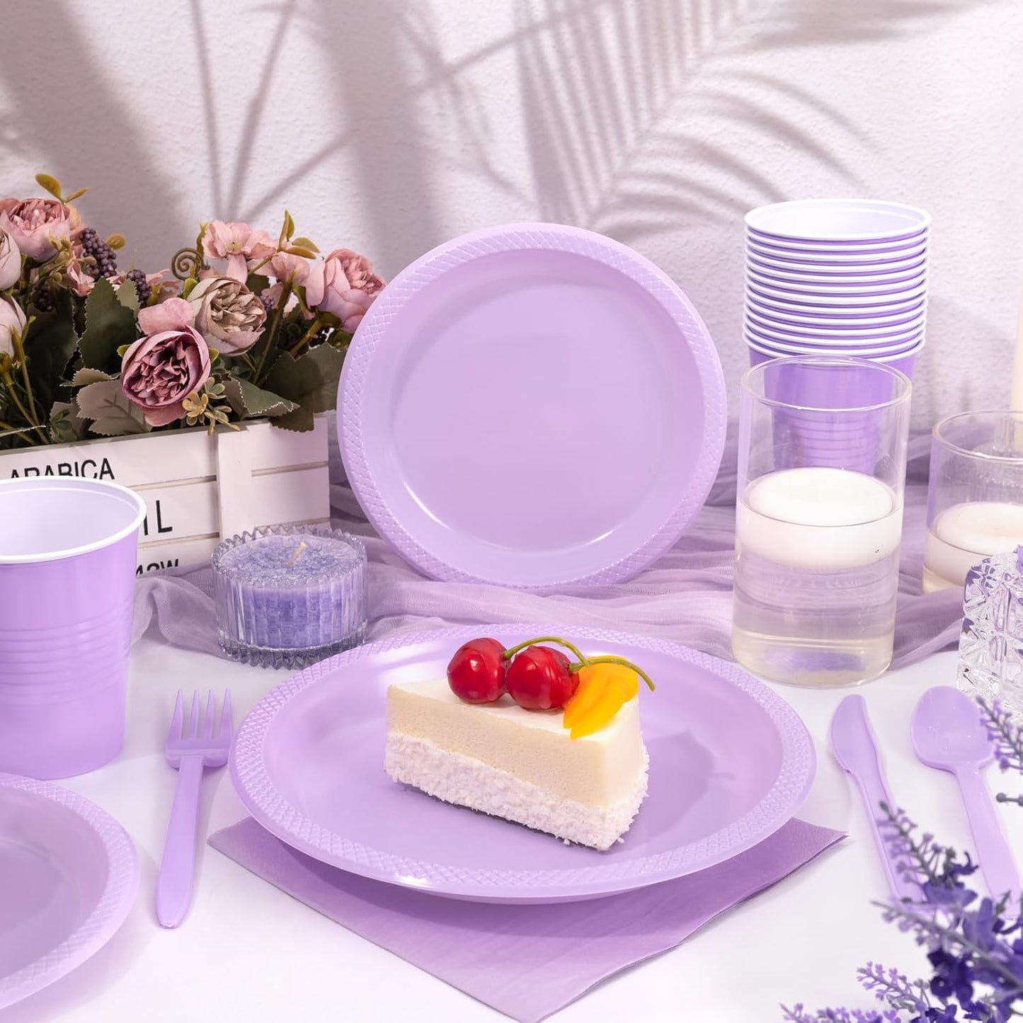WELLIFE 210Pcs Lavender Plates,Light Purple Plastic Dinnerware Set,Party Supplies Including purple plates, 12OZ Cups, plastic Cutlery and Paper Napkins Serve 30 Guests, Disposable Plates for Party
