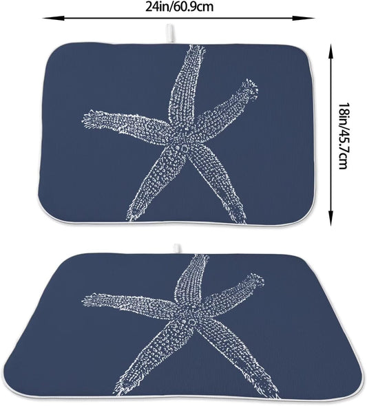 Coastal Beach Dish Drying Mat 18 x 24 inch, Summer Navy Blue Starfish Decorative Drying Mats Microfiber Absorbent Dish Washable Draining Mat for Kitchen Counter Decor