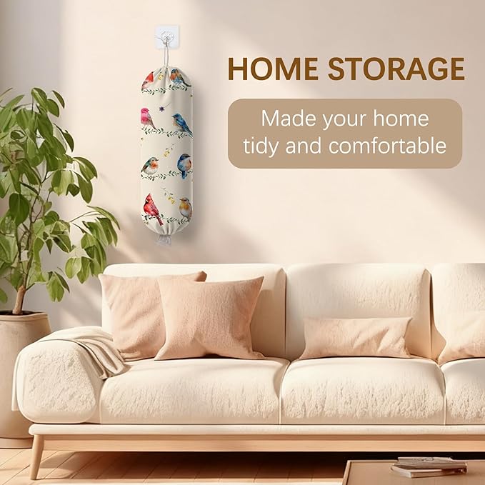 Bird Plastic Bag Holder, Wall Mount Organizer Reusable Hanging Canvas Grocery Bags, Bird Hanging Plastic Bag Dispenser for Kitchen Home Pantry Decor, Birds Shopping Bags Storage Dispenser