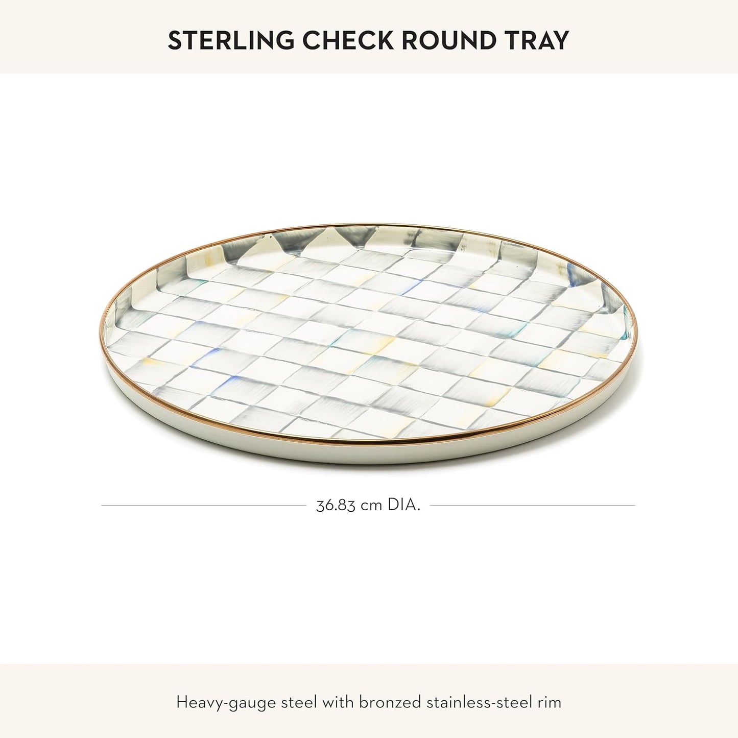MACKENZIE-CHILDS Enamel Round Tray, Unique Serving Platter for Food and Drinks, Gray-and-White Sterling Check
