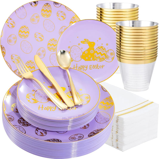 Festiva 175Pcs Easter Plates and Napkins Disposable - Purple and Gold Plastic Dinnerware Set for 50 guests include 50 Plates 25Cups 25Plastic Silverware 25Napkins Perfect for Easter Party