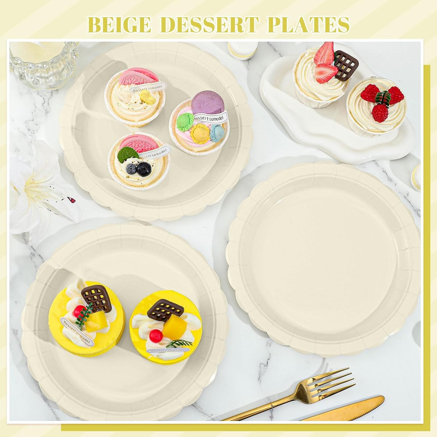 30 Pcs Cream Plates Disposable 9 Inch Scalloped Thanksgiving Plates Cute Beige Dessert Cake Plate Ivory Dinner Plate for Thanksgiving, Baby Bridal Shower, Wedding