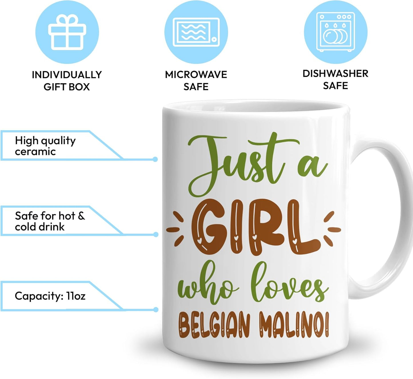 Hyturtle Personalized Gifts Belgian Malinoi Lover - Just A Girl Who Loves Belgian Malinois Custom Name Ceramic Coffee Mug Cup 11oz - Idea Cute Dog Lover Gifts For Women, Girl On Birthday, Christmas