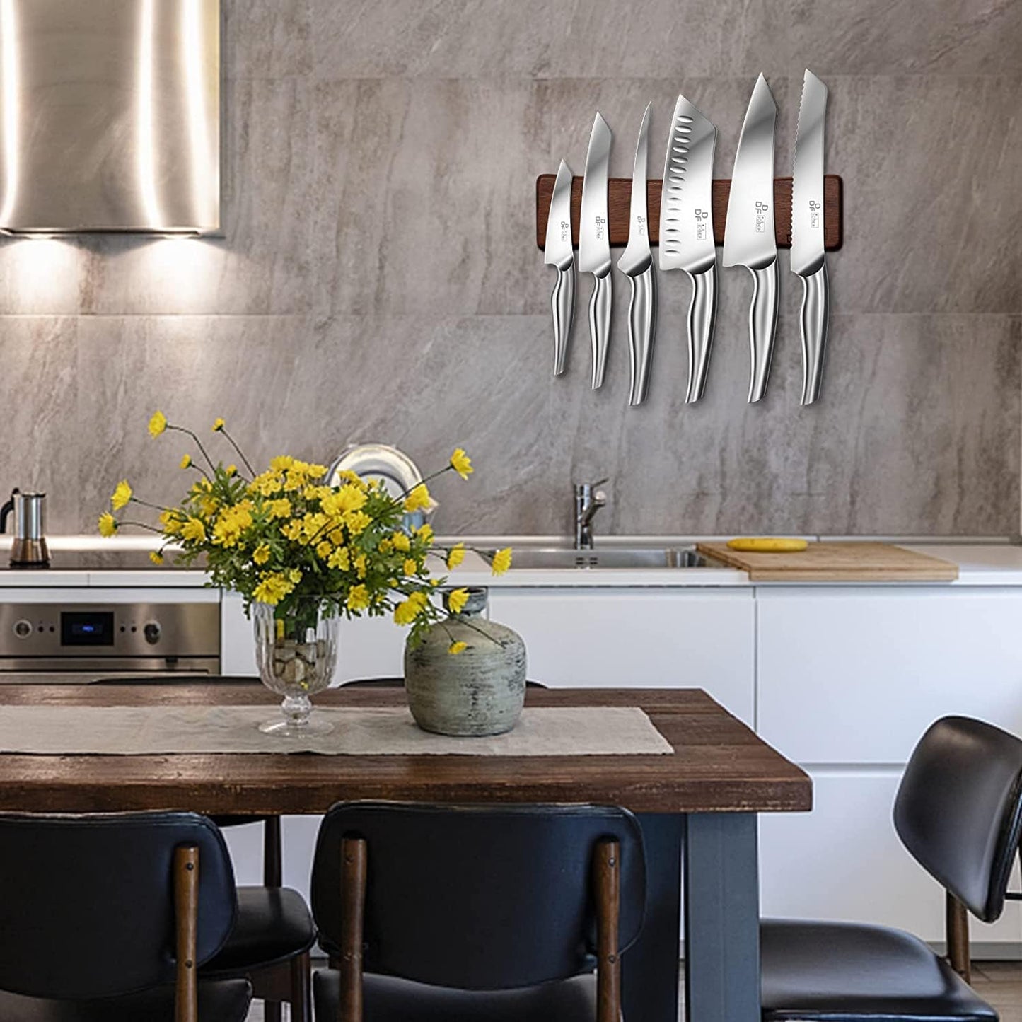 DDF iohEF Knife Set with Knife Strip, 8 Piece Professional Kitchen Knife Set, Japanese High Carbon Stainless Steel Chef Knives Set with Magnetic Knife Holder for Wall