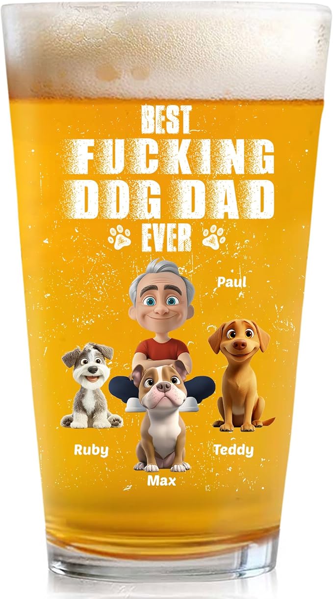 Wrappiness Best Mom Dad Logo Personalized Custom Beer Glass - 16oz Glassware for Beer Soda Cocktails - Gift for Dog Lovers, Father's Day, Birthday Gift for Parents (B06, 3 Dogs)