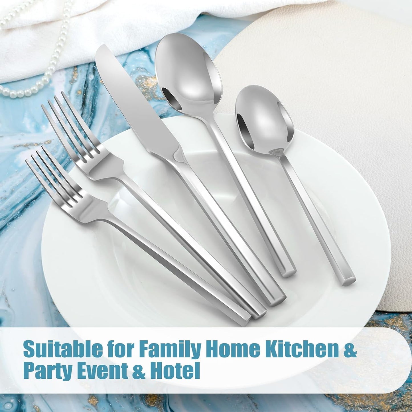 DEACORY Silverware Set Flatware Set Stainless Steel Cutlery Set Silver Mirror Finished Hexagon Handle 5 Pieces Service for 1