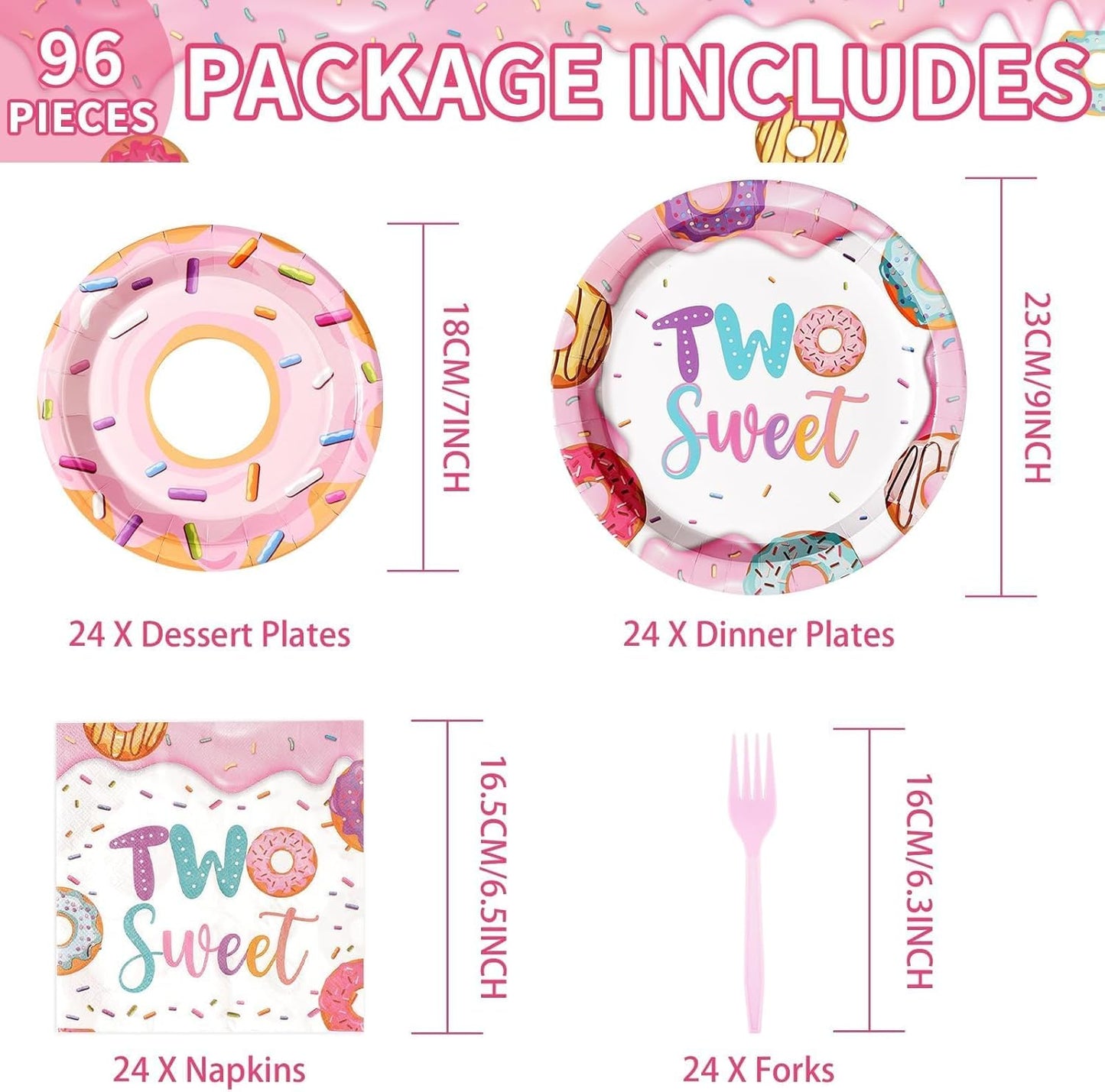 96 Pcs Two Sweet Donut Birthday Party Supplies Two Sweet Party Decorations Donut Plates Napkins Forks Girls Donuts Tableware Set for Baby Girl 2nd Birthday Decorations Baby Shower Serves 24