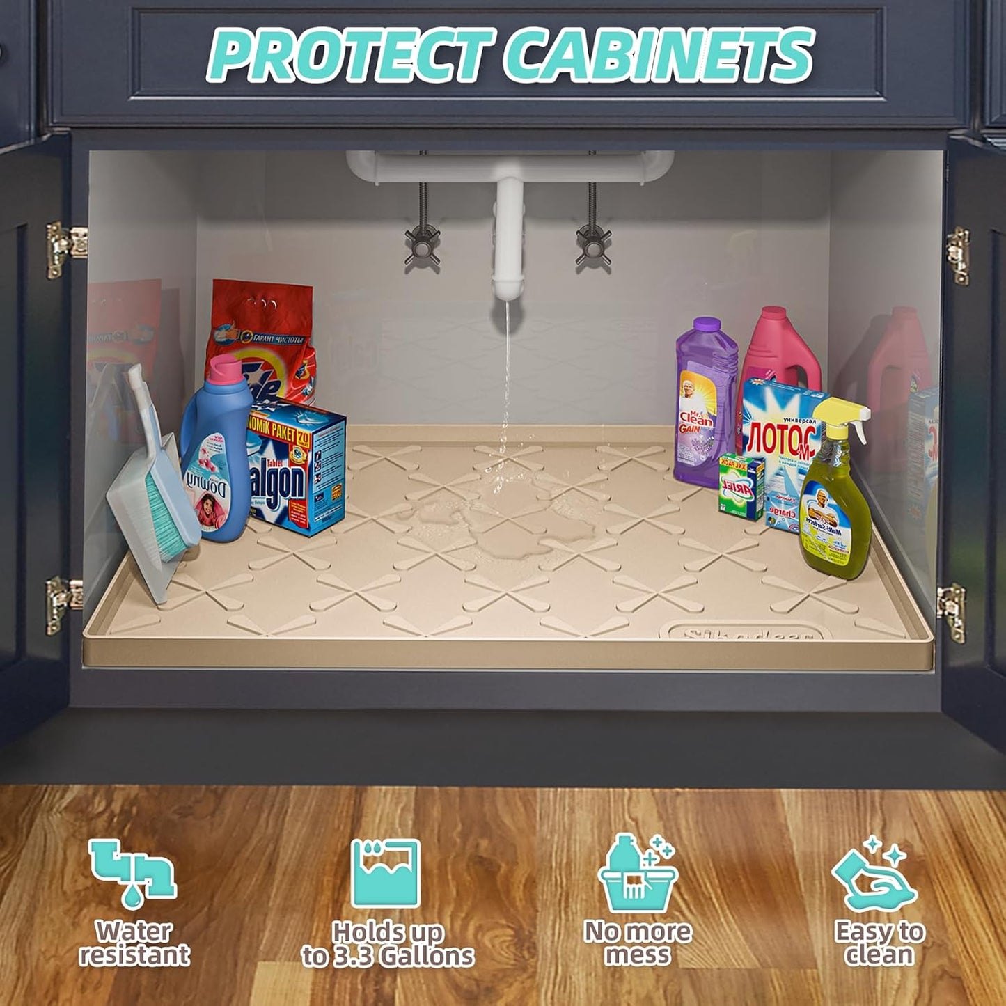 SIKADEER 19" x 19" Under Sink Mat Waterproof, Silicone Mat Kitchen Drawer Shelf and Cabinet Liner, Sink Protector for Kitchen Organizers and Storage, Boot Tray Pet Food Mats