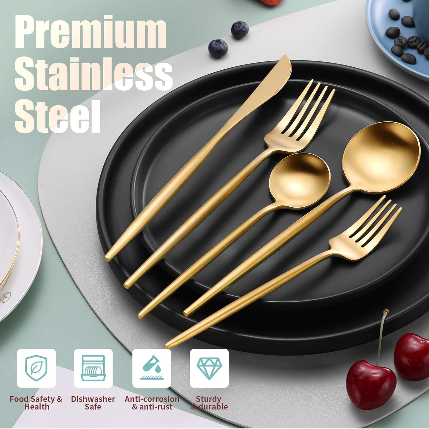 Lemeya Matte Gold Silverware Set for 8,Modern Stainless Steel Brushed Cutlery Set,40-Pieces Heavy Duty Flatware Set,Knives Spoons and Forks Set Utensils Set,Satin Finish,Dishwasher Safe