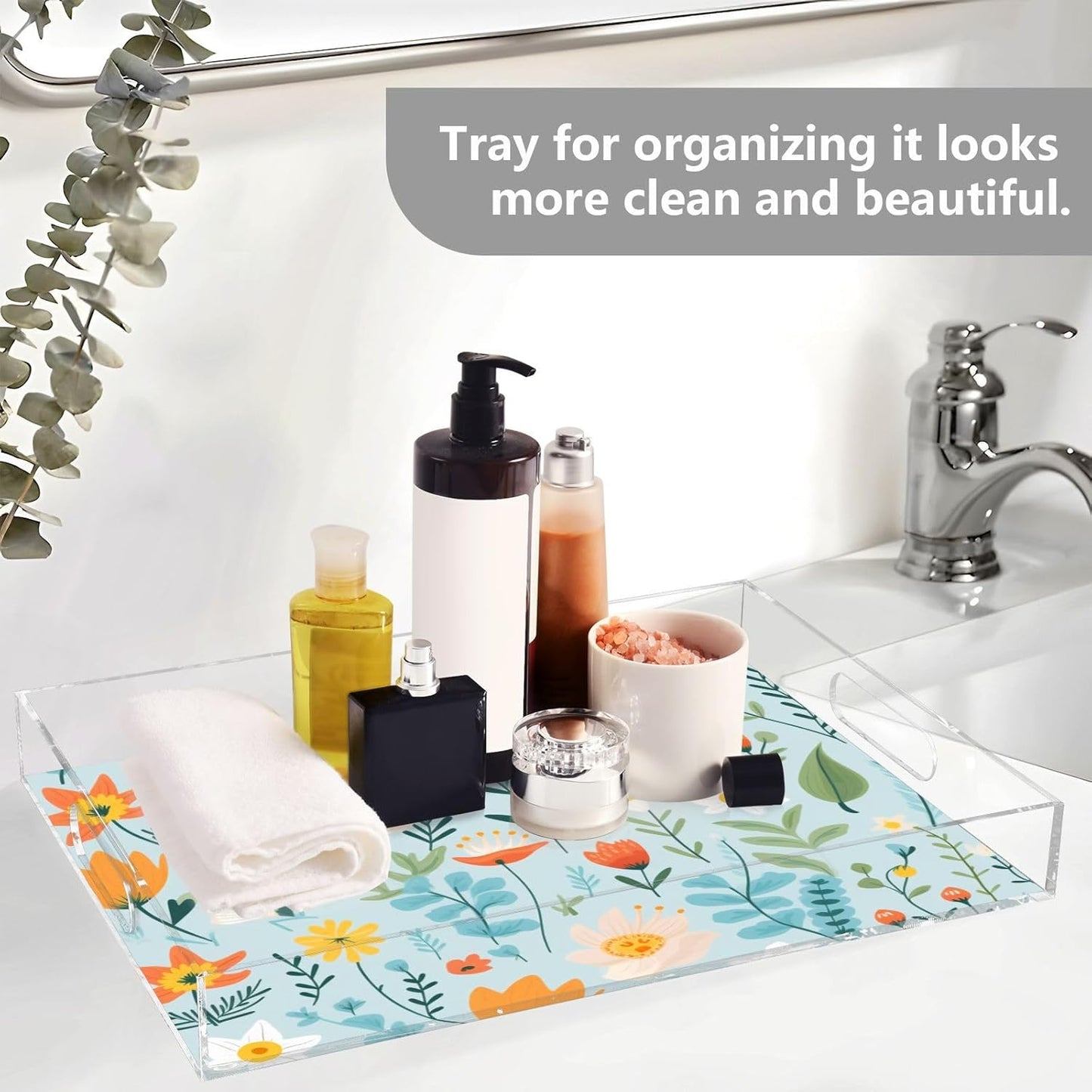 Acrylic Serving Tray with Handles Spill Proof Kitchen Storage Tray Clear Decorative Tray Makeup Drawer Organizer Storage Tray for Bathroom Living Room Ottoman 15.7x11.8Inches