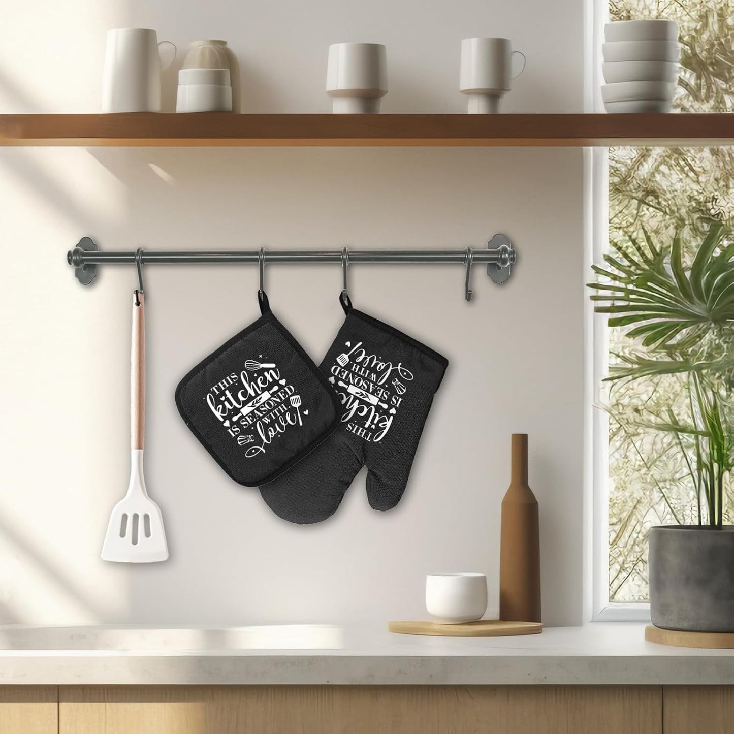 Funny Oven Mitts and Pot Holders Set with Sayings This Kitchen is Seasoned with Love Heat Resistant Mitts Silicone Non-Slip Oven Mitts Sweet Housewarming Gifts for Women Men Hostess Friend