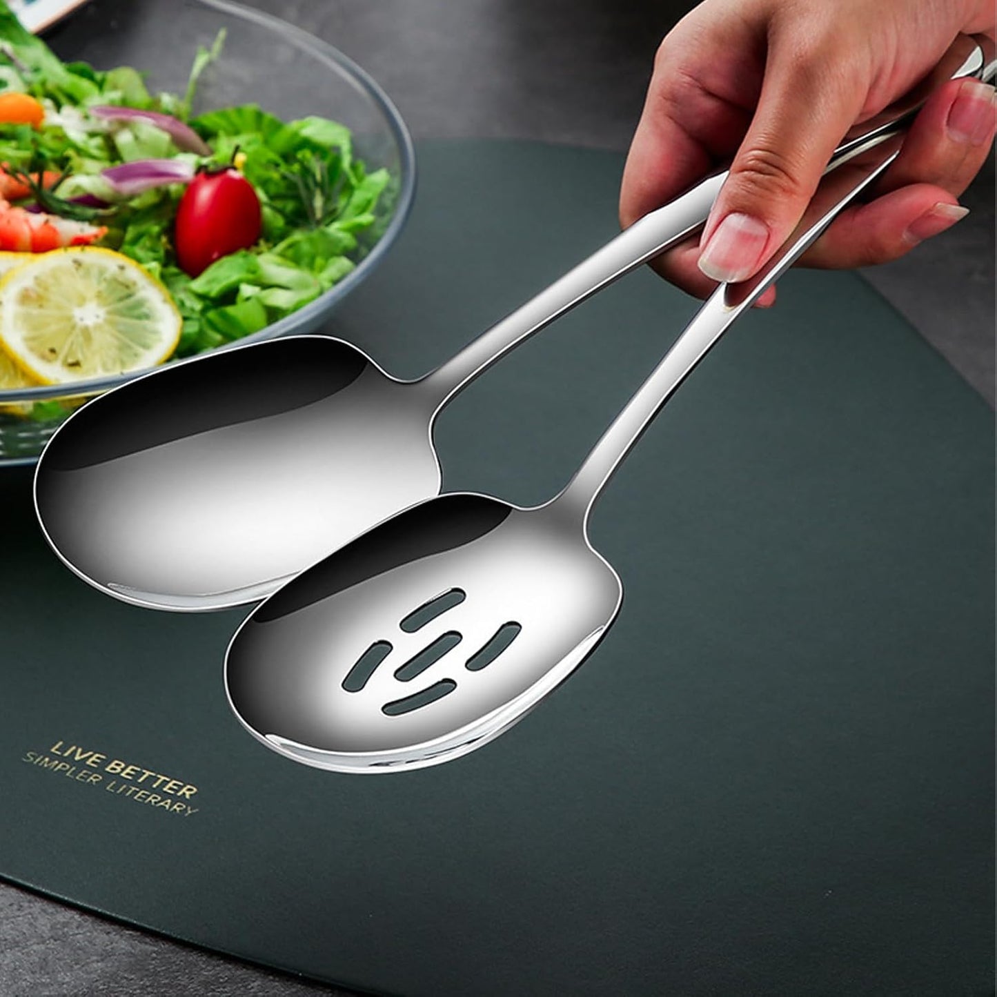 X-Large Serving Spoons Set, Stainless Steel Slotted Spoon and Serving Spoon,18/8 Stainless Steel Buffet Banquet Spoons, 9.8-Inch Dishwasher Safe