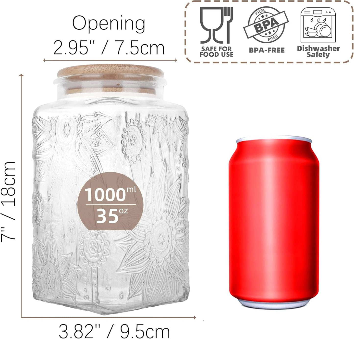 Glass Storage Jars With Airtight Lid, 35oz Canister For Kitchen Counter with Bamboo Lid, brown sugar, candy, coffee, cookie, salt, tea,pantry cute Jar (Large Square Sunflower)