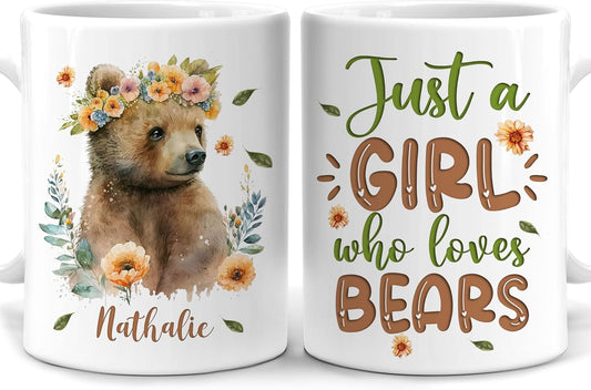 Hyturtle Personalized Gifts Bear Lover - Just A Girl Who Loves Bears Custom Name Ceramic Coffee Mug Cup 11oz - Idea Cute Animal Lover Gifts For Women, Girl Daughter On Birthday, Christmas