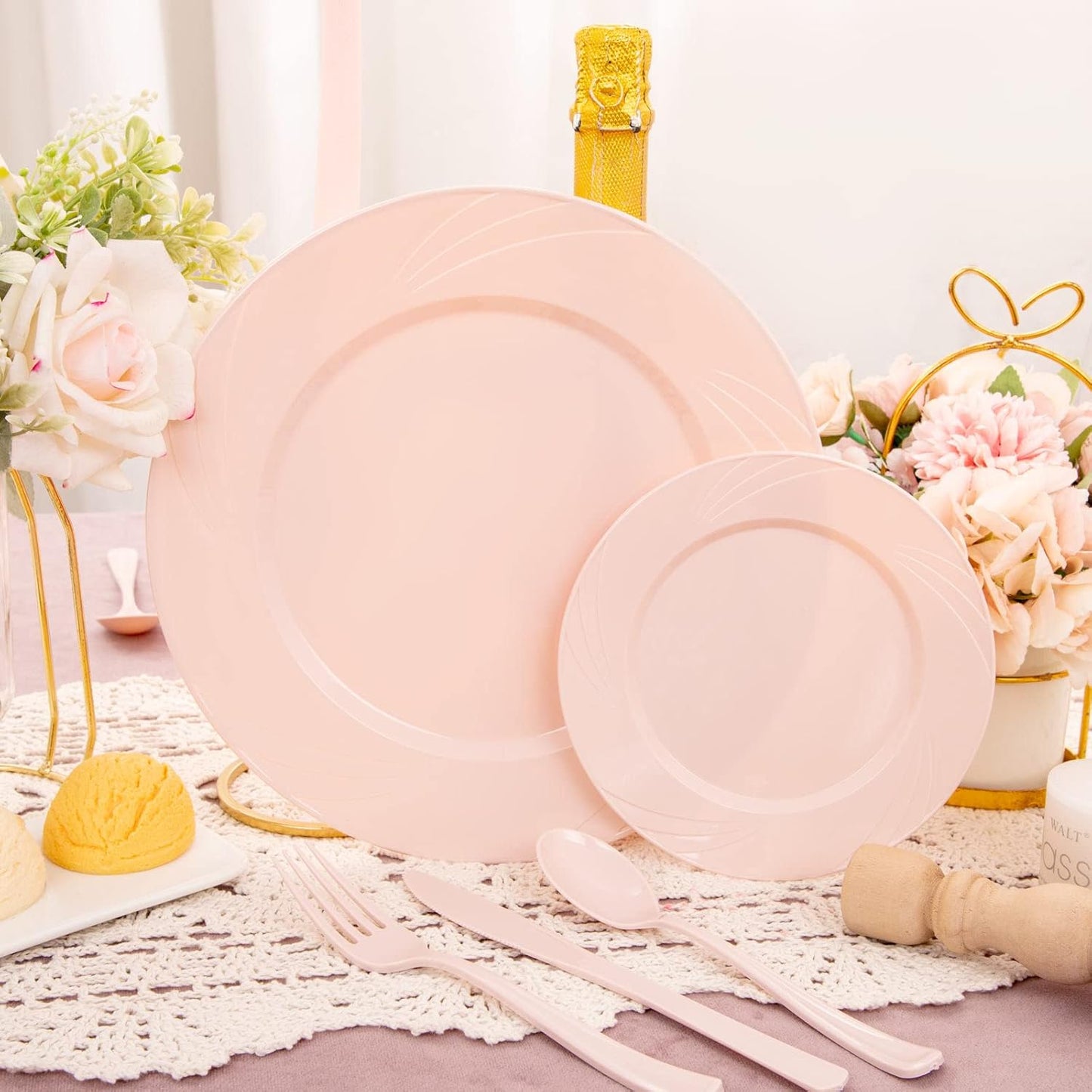 YOUBET 125PCS Pink Plastic Plates - Light Pink Birthday Plates Include 25 Dinner Plate, 25 Dessert Plate, 75 Silverware for Baby Shower & Birthday Parties
