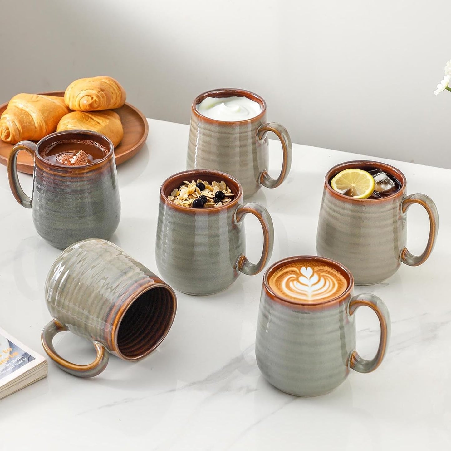 MEKY Ceramic Coffee Mugs Set of 6, 15oz Coffee Cups for Office and Home, Latte Mug Set for Birthday Thanksgiving Housewarming Gift, Dishwasher Microwave Safe, Brown