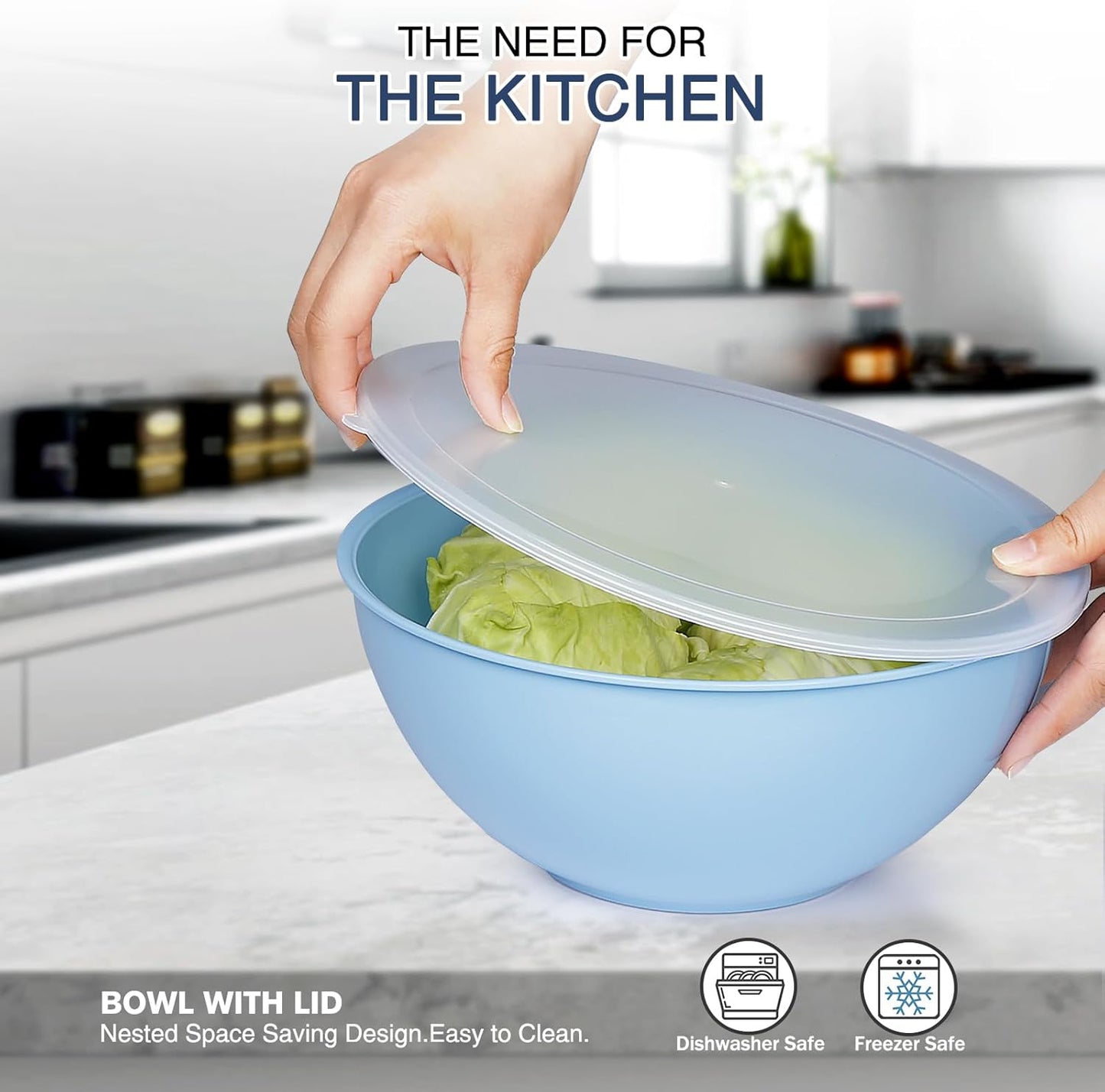 6-Piece Plastic Mixing Bowl Set with Lids for Kitchen, Nesting Storage Bowls for Baking, Prepping,Cooking and Serving Food, Dishwasher, Microwave Safe,Great for Mixing & Serving,Light blue